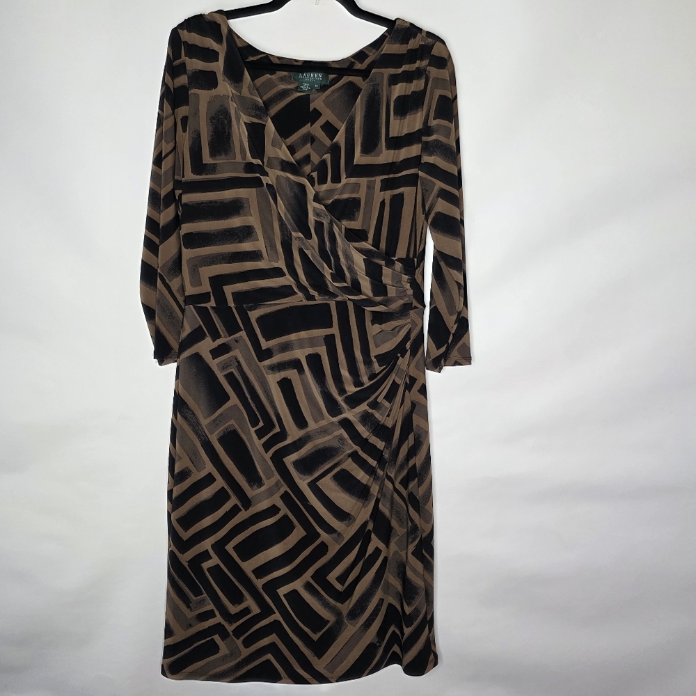 Lauren Ralph Lauren Faux Wrap Dress Size 14 Geo Print V-neck Stretch Chic Office - Picture 2 of 12